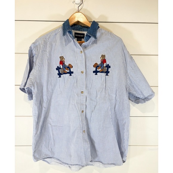 XQuizzit Tops - VTG Xquizzit Cowboy Denim Striped Shirt Teddy Bear Americana Size L Button Up